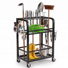 Carucior mobil pentru scule si unelte de gradina cu 3 rafturi, organizator metalic cu roti, 66x40x96 cm, negru Carucior mobil pentru scule si unelte de gradina cu 3 rafturi, organizator metalic cu roti, 66x40x96 cm, negru