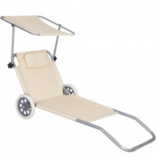 Sezlong pliabil pentru plaja, cu roti, parasolar reglabil si buzunar depozitare, 150x61 cm, 120 kg, bej Sezlong pliabil pentru plaja, cu roti, parasolar reglabil si buzunar depozitare, 150x61 cm, 120 kg, bej
