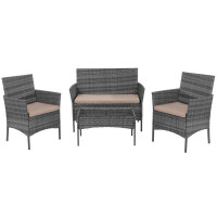 Set mobilier terasa, din tehnorattan, masa cu blat sticla securizata, 2 fotolii si 1 canapea cu perne, gri