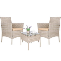 Set mobilier terasa, din tehnorattan, masa cu blat sticla securizata, 2 fotolii cu perne, bej Set mobilier terasa, din tehnorattan, masa cu blat sticla securizata, 2 fotolii cu perne, bej