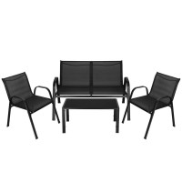 Set mobilier gradina 4 piese, masa cu sticla securizata, 2 scaune si canapea, cadru metalic, negru