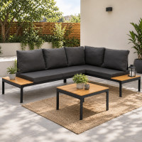 Set mobilier gradina coltar cu masa, separabil in 2 canapele tip sezlong, perne impermeabile, cadru metalic, gri si maro