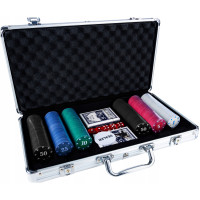 (DL) Set de Poker Complex cu 300 de jetoane, 2 seturi carti, 5 zaruri, in servieta aluminiu (DL) Set de Poker Complex cu 300 de jetoane, 2 seturi carti, 5 zaruri, in servieta aluminiu