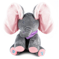 Jucarie plus interactiva elefant pentru copii, canta, misca urechile, joc cucu-bau, 30x30x25 cm, gri