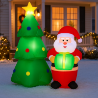 Decoratiune exterior gonflabila de Craciun cu Mos Craciun si brad iluminat, LED, compresor integrat, 148 cm