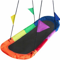 Leagan tip hamac 167x75 cm, cu rama metalica si steaguri colorate, prindere dubla, multicolor Leagan tip hamac 167x75 cm, cu rama metalica si steaguri colorate, prindere dubla, multicolor