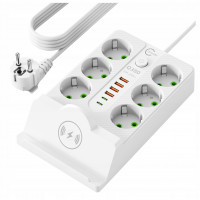 Prelungitor electric vertical tip turn cu 6 prize, 4 porturi USB-A si 2 porturi USB-C, incarcare wireless prin inductie pentru telefoane, maxim 2500 W Prelungitor electric vertical tip turn cu 6 prize, 4 porturi USB-A si 2 porturi USB-C, incarcare wireless prin inductie pentru telefoane, maxim 2500 W