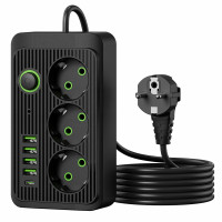 Prelungitor electric vertical tip turn cu 3 prize, 4 porturi USB-A si 1 port USB-C, alimentare simultana pana la 8 dispozitive, putere maxima 2500 W, Prelungitor electric vertical tip turn cu 3 prize, 4 porturi USB-A si 1 port USB-C, alimentare simultana pana la 8 dispozitive, putere maxima 2500 W,