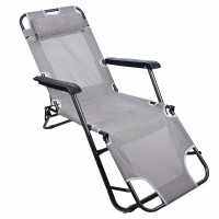 Sezlong pliabil, cadru metalic, reglabil in 3 pozitii pana la complet orizontal, cu tetiera, 153x60 cm, gri