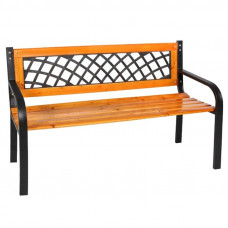 Banca de gradina din lemn si otel cu spatar decorativ, 120x53x73 cm, negru si maro natur