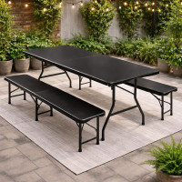 Set masa cu 2 banci pliabile tip valiza pentru gradina, camping sau evenimente, 180x70x74cm, negru Set masa cu 2 banci pliabile tip valiza pentru gradina, camping sau evenimente, 180x70x74cm, negru
