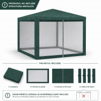 Set 4 pereti pentru pavilion gradina cu plasa tantari si acoperis, material PE 100 g/m2, 300x200 cm, verde