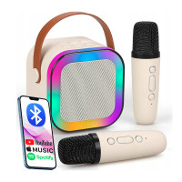Set karaoke wireless cu 2 microfoane pentru duet si boxa Bluetooth portabila de 6 W, card TF si AUX, acumulator reincarcabil 800 mAh, design compact p