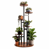 Suport pentru flori si plante cu 6 niveluri, design vertical tip turn, structura metalica, polite cu aspect de lemn, baza stabila cu diametru de 39 cm