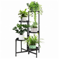 Suport pentru flori si ghivece cu 5 niveluri, structura metalica, polite rotunde cu margini inaltate si diametru de 20 cm, design modern industrial si