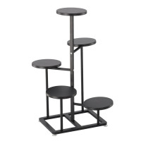 Suport pentru flori cu structura metalica, 5 niveluri, cu rafturi rotunde, 47x47x80 cm, negru