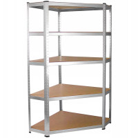 Raft depozitare metalic colt 5 niveluri cu polite MDF, structura otel galvanizat, 180x90x30 cm, argintiu Raft depozitare metalic colt 5 niveluri cu polite MDF, structura otel galvanizat, 180x90x30 cm, argintiu