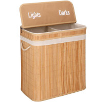 Cos de rufe din bambus cu capac, 2 compartimente, sac detasabil, volum 100L, 53x32x62cm, maro Cos de rufe din bambus cu capac, 2 compartimente, sac detasabil, volum 100L, 53x32x62cm, maro