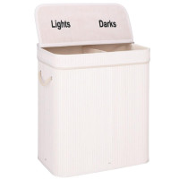 Cos de rufe din bambus cu capac, 2 compartimente, sac detasabil, volum 100L, 54x35x60cm, alb Cos de rufe din bambus cu capac, 2 compartimente, sac detasabil, volum 100L, 54x35x60cm, alb