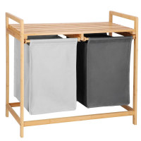 Cos de rufe din bambus, cu 2 saci detasabili, raft superior, capacitate de 40L per sac, 67x36x70cm, maro