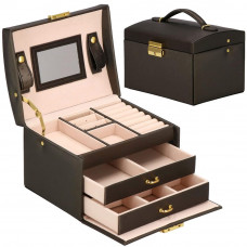 (DL) Cutie depozitare si organizare bijuterii, piele ecologica + piele intoarsa, 17,5 x 14 x 12,5 cm, maro inchis