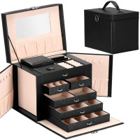 Cutie depozitare si organizare bijuterii, piele ecologica + velur, 26 x 21,5 x 19 cm, negru