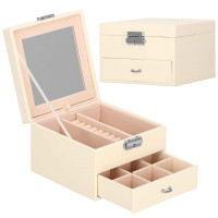 (DL) Cutie depozitare si organizare bijuterii, piele ecologica + velur, 16 x 16 x 11cm, crem