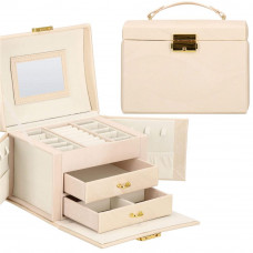 Cutie depozitare si organizare bijuterii, piele ecologica + velur, 18 x 13,5 x 14cm, crem