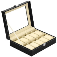 (DL) Cutie depozitare si organizare ceasuri, MDF, piele ecologica, 25x20x8cm, negru