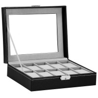 (DL) Cutie depozitare si organizare ceasuri, MDF, piele ecologica, 25x20x8cm, negru interior gri
