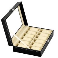 Cutie depozitare si organizare ceasuri, MDF, piele ecologica, 30x20x8cm, negru interior crem
