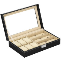 (DL) Cutie depozitare si organizare ceasuri si ochelari, MDF, piele ecologica, 33x20x8cm, negru