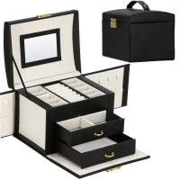 (DL) Cutie depozitare si organizare bijuterii, MDF, piele ecologica, 18 x 13,5 x 14cm, negru