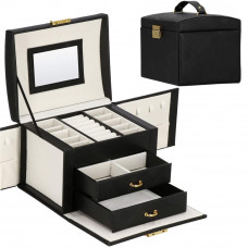 (DL) Cutie depozitare si organizare bijuterii, MDF, piele ecologica, 18 x 13,5 x 14cm, negru