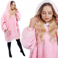 Patura tip hanorac, cu maneci, gluga si buzunare, material plus, marime universala, roz