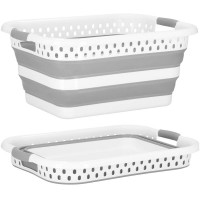 Cos de rufe pliabil tip lighean, cu manere, din plastic si silicon, 53x38x24cm, 24litri, gri Cos de rufe pliabil tip lighean, cu manere, din plastic si silicon, 53x38x24cm, 24litri, gri