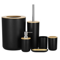 Set de accesorii rotunde pentru baie din plastic cu elemente bambus, 6 piese, negru Set de accesorii rotunde pentru baie din plastic cu elemente bambus, 6 piese, negru