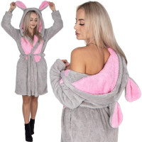 Halat de baie pentru femei pana la genunchi, gluga cu urechi , marimea S/M, gri si nuante de roz Halat de baie pentru femei pana la genunchi, gluga cu urechi , marimea S/M, gri si nuante de roz