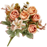 Buchet de flori artificiale din poliester, 9 fire trandafiri si crini, 37cm, roz Buchet de flori artificiale din poliester, 9 fire trandafiri si crini, 37cm, roz