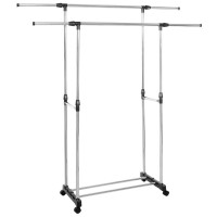 Suport pentru haine pe roti, sina dubla, reglabil pe inaltime si latime, din aluminiu cromat, 155x45x150cm, argintiu