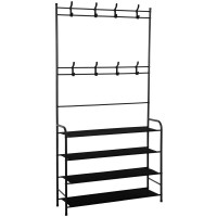 Cuier pentru haine cu banc de depozitare pantofi pe 4 polite, cadru metalic, 25x80x150cm, negru