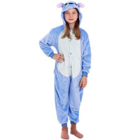 Pijama salopeta Stitch tip combinezon, marimea S, cu gluga fixa decorata cu urechi, ochi si dinti, coada decorativa, inchidere frontala cu nasturi si