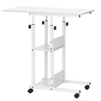 Birou reglabil pe inaltime cu rafturi si roti, blat din lemn si structura metalica, 80x40x76-86 cm, alb