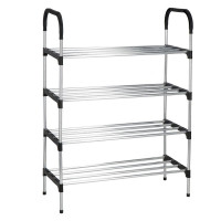 Suport pentru pantofi, 4 rafturi, cadru metalic, 84x28x60cm, negru si argintiu
