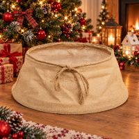 Cos decorativ pentru baza bradului de Craciun, diametru 56 cm si inaltime 25 cm, design rustic cu aspect de iuta, pentru mascarea suportului bradului