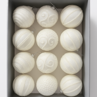 Set 12 globuri decorative cu sclipici si paiete, 3 modele asortate, diametru 8 cm, alb