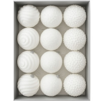 Set 12 globuri Craciun cu sclipici, 3 modele diferite, polistiren, diametru 8 cm, alb