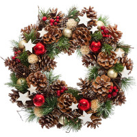 Coronita decorativa cu frunze si conuri, diametru 35 cm, multicolora