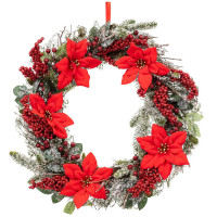 Coronita decorativa pentru Craciun, cu flori Poinsettia, diametru 50 cm, verde si rosu