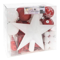 Set decoratiuni Craciun, 44 piese, cu globuri, ghirlanda si varf de brad, rosu si alb